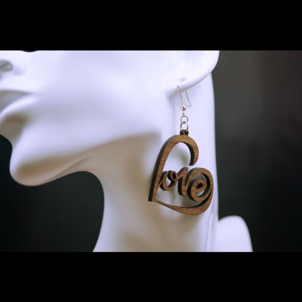 Love walnut wood laser cut drop earrings style 88 - Picture 3 of 4